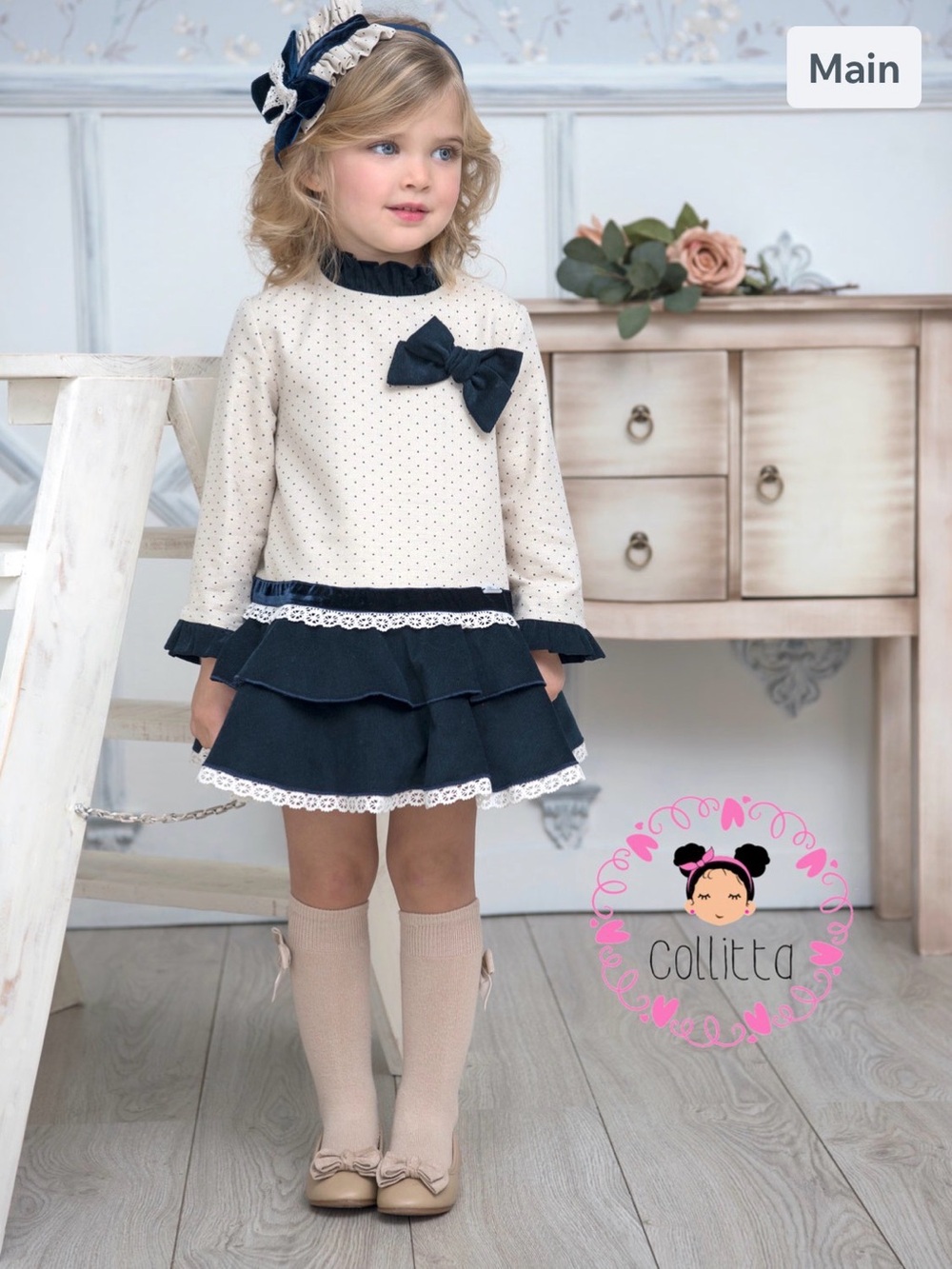 Collitta Girls Cream Top with Navy Layered Skirt Dress